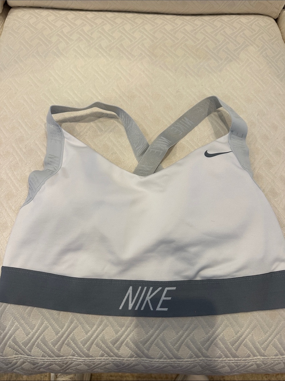 Nike White & Light Gray Low-Impact Sports Bra with Branded Band
